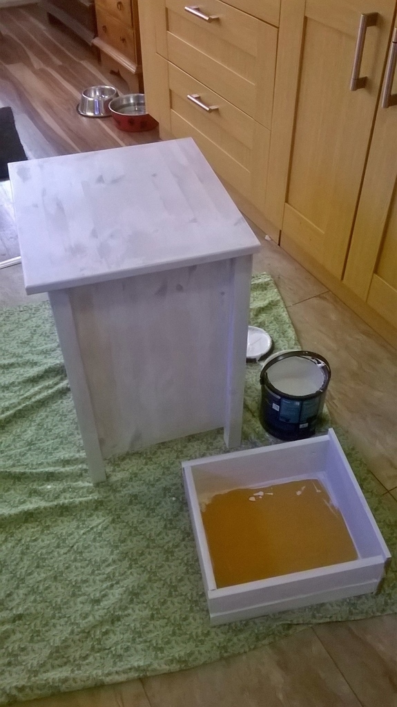 Watered down Rock Salt white paint on the frame and drawers.